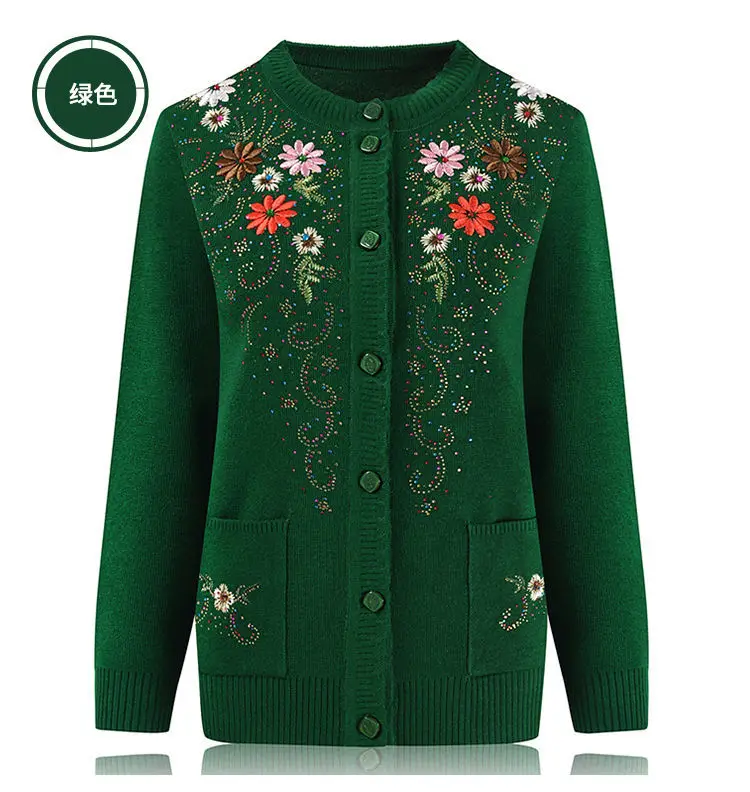 Middle-aged and elderly women's Embroidery Knit Cardigan Jacket Single-breasted Slim Sweater Coat Thin Grandma Spring Clothing