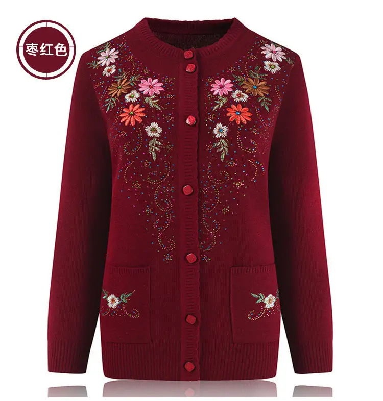 Middle-aged and elderly women's Embroidery Knit Cardigan Jacket Single-breasted Slim Sweater Coat Thin Grandma Spring Clothing