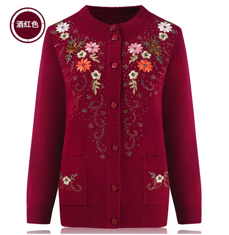 Middle-aged and elderly women's Embroidery Knit Cardigan Jacket Single-breasted Slim Sweater Coat Thin Grandma Spring Clothing