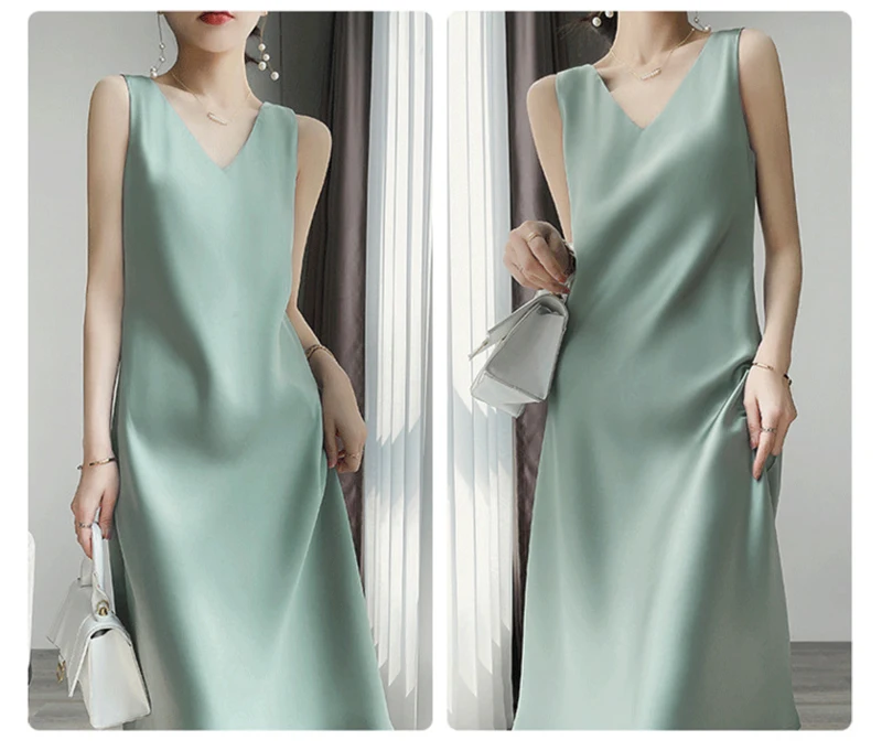 2026 Elegant Women Dress Sexy V-Neck Sleeveless Korean Harajuku Satin Party Long Maxi Dress Casual Sundress Vestido Mujer