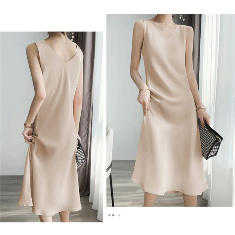 2026 Elegant Women Dress Sexy V-Neck Sleeveless Korean Harajuku Satin Party Long Maxi Dress Casual Sundress Vestido Mujer
