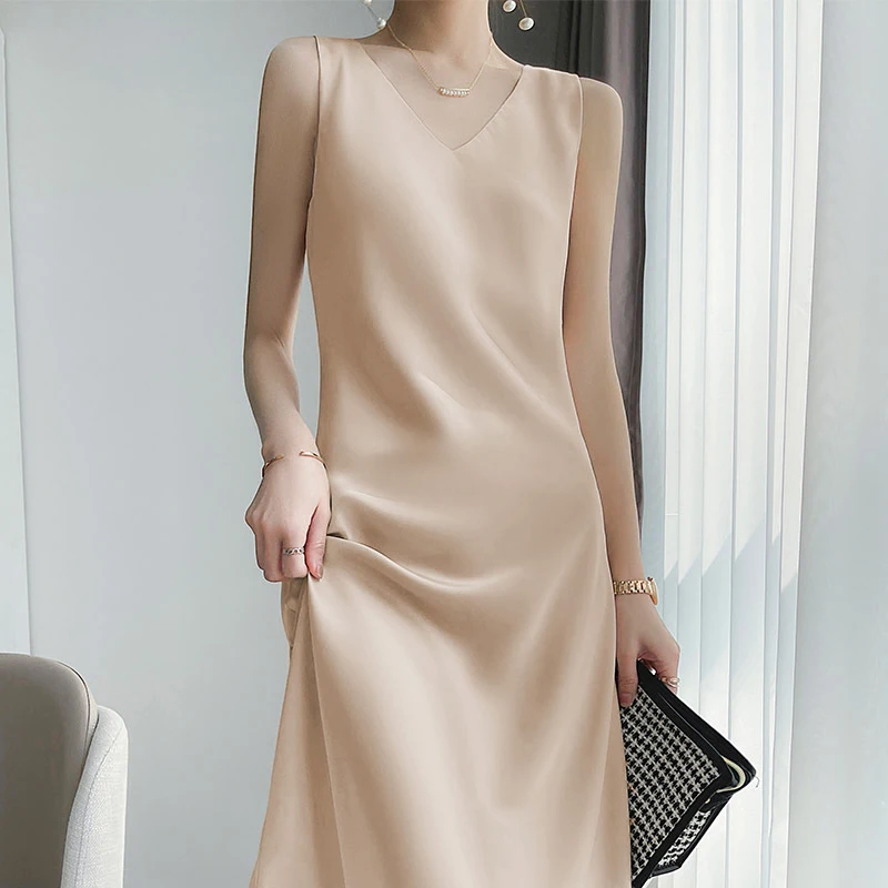 2026 Elegant Women Dress Sexy V-Neck Sleeveless Korean Harajuku Satin Party Long Maxi Dress Casual Sundress Vestido Mujer