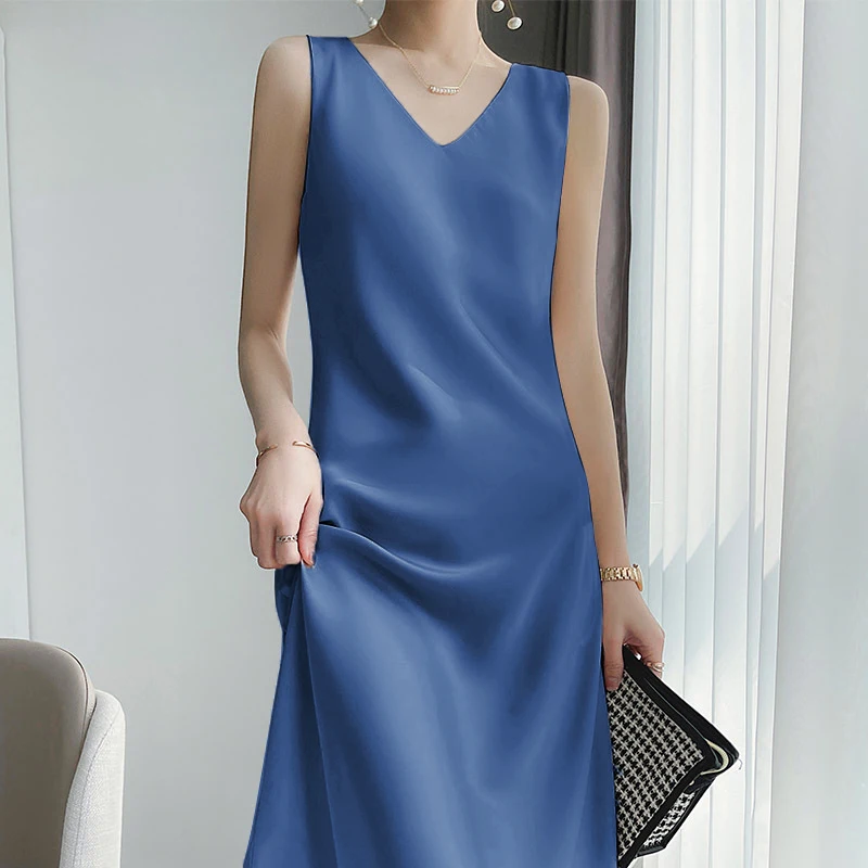 2026 Elegant Women Dress Sexy V-Neck Sleeveless Korean Harajuku Satin Party Long Maxi Dress Casual Sundress Vestido Mujer