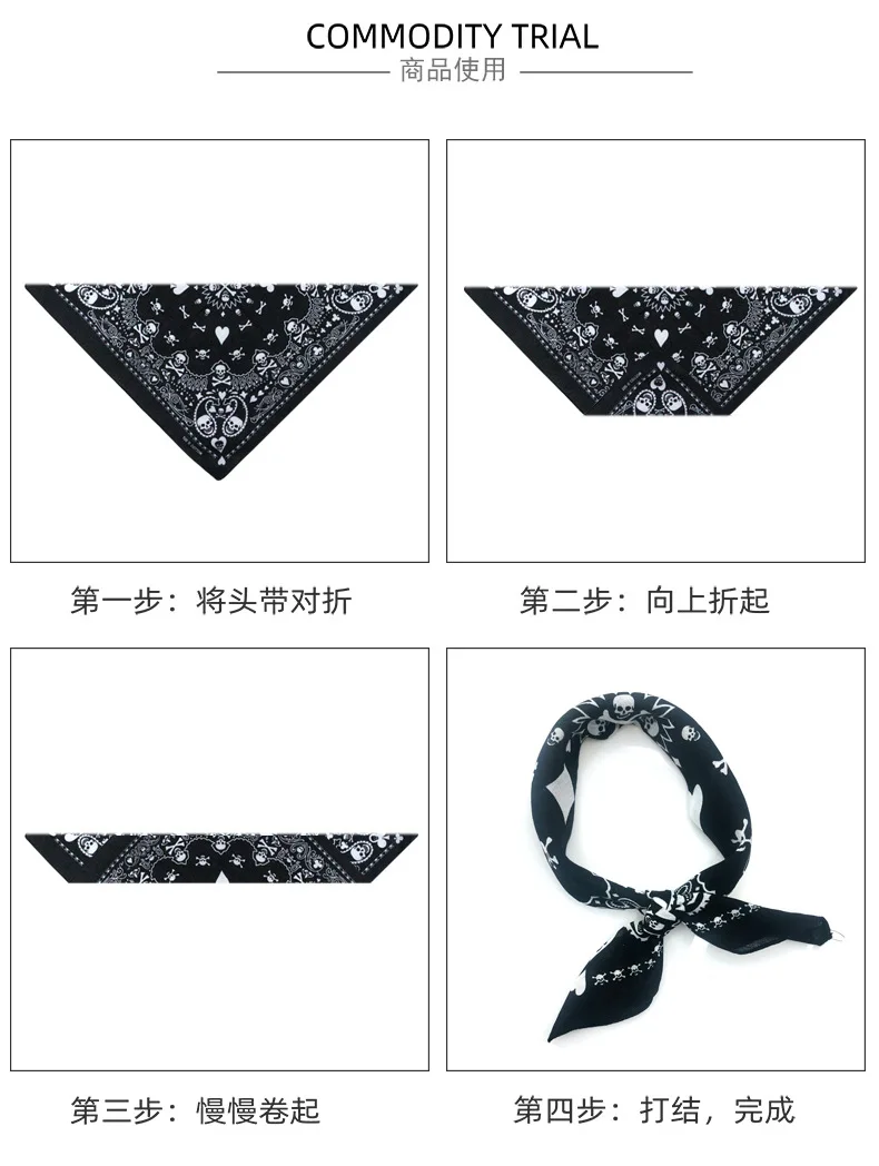 55cm White Black Red Skull Poker Geometric Bandana Unisex Harajuku Hip Hop Square Headband Motorcycle Sports Hair Wrap Wristband