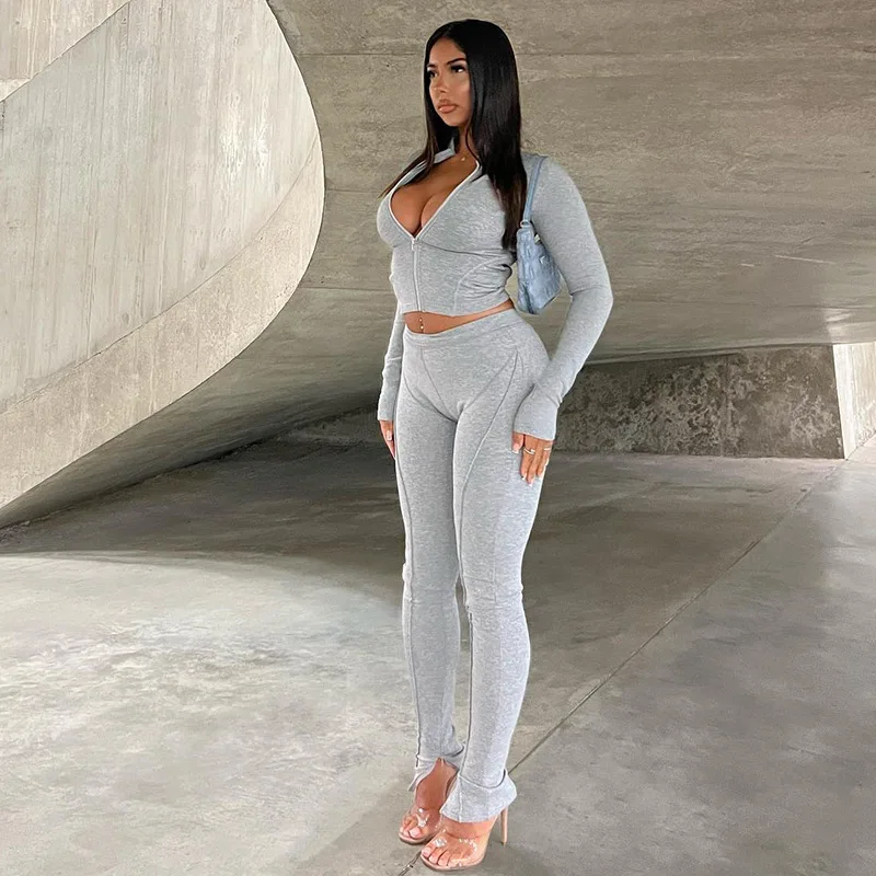 Autum New Two Piece Sets Long Sleeve Zipper Coat and Split Long Pants Women Tracksuit Casual Workout Sportswear Gray Sweatsuit