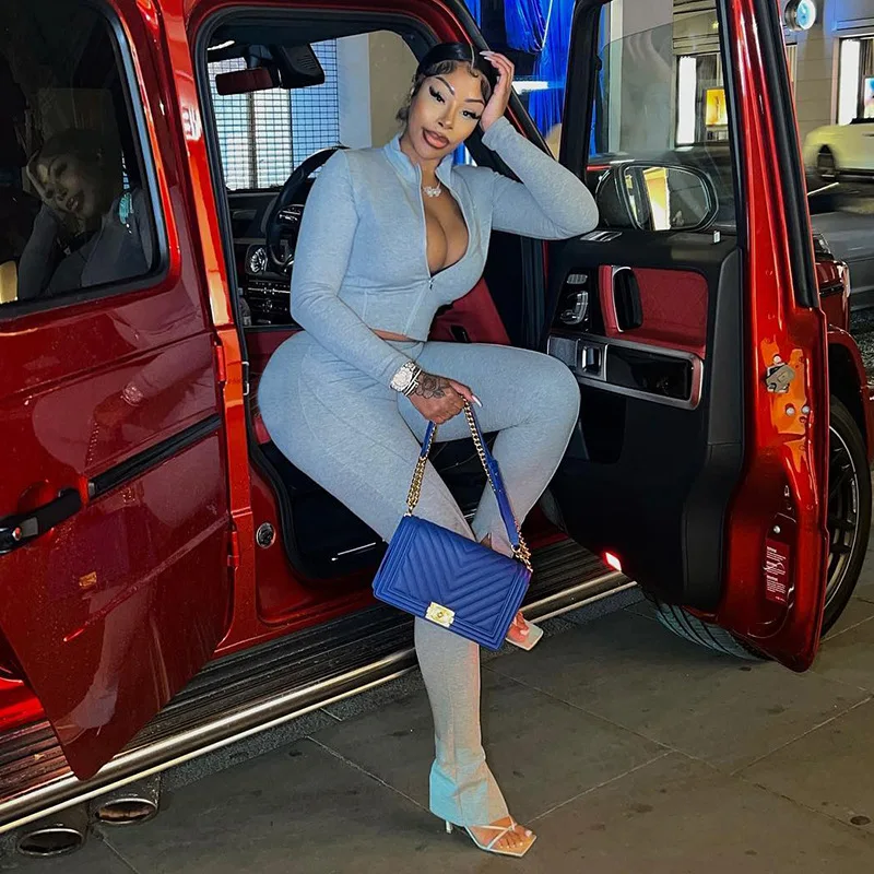 Autum New Two Piece Sets Long Sleeve Zipper Coat and Split Long Pants Women Tracksuit Casual Workout Sportswear Gray Sweatsuit