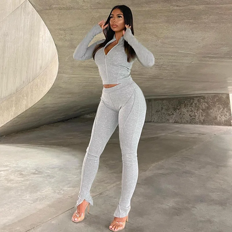 Autum New Two Piece Sets Long Sleeve Zipper Coat and Split Long Pants Women Tracksuit Casual Workout Sportswear Gray Sweatsuit