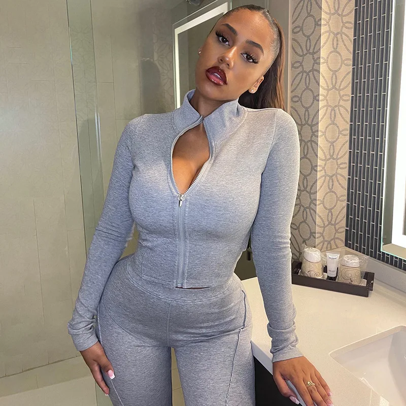 Autum New Two Piece Sets Long Sleeve Zipper Coat and Split Long Pants Women Tracksuit Casual Workout Sportswear Gray Sweatsuit