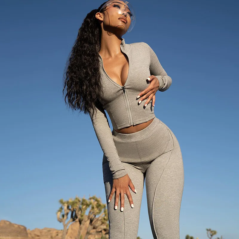 Autum New Two Piece Sets Long Sleeve Zipper Coat and Split Long Pants Women Tracksuit Casual Workout Sportswear Gray Sweatsuit