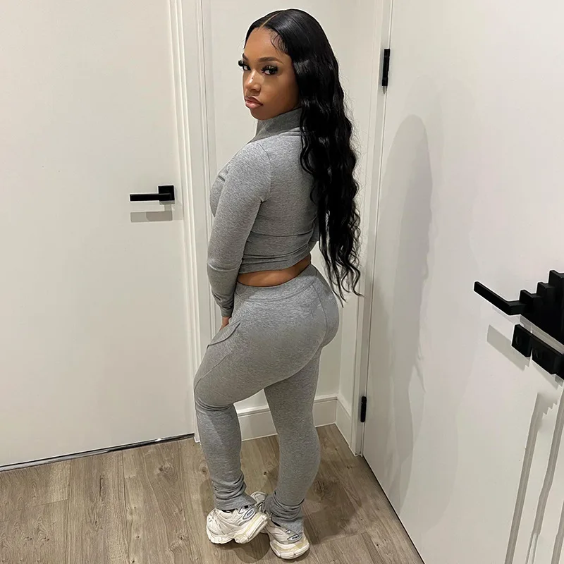 Autum New Two Piece Sets Long Sleeve Zipper Coat and Split Long Pants Women Tracksuit Casual Workout Sportswear Gray Sweatsuit