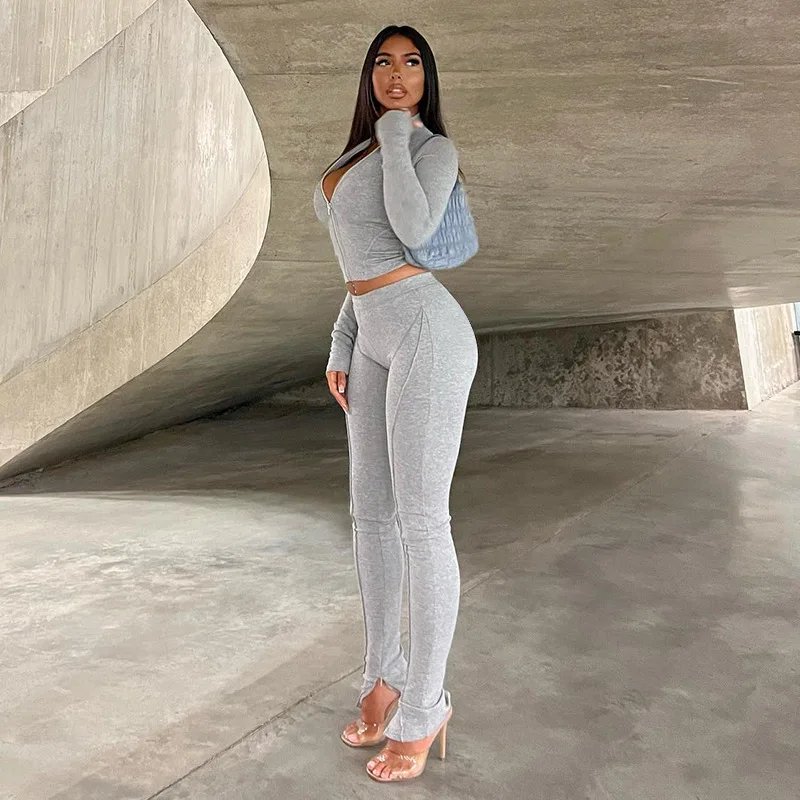 Autum New Two Piece Sets Long Sleeve Zipper Coat and Split Long Pants Women Tracksuit Casual Workout Sportswear Gray Sweatsuit