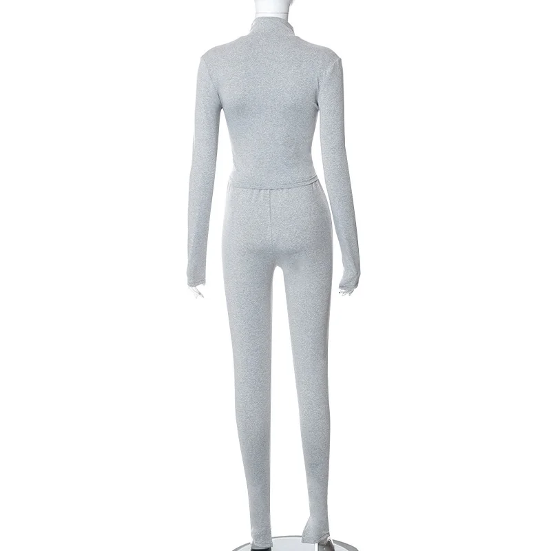 Autum New Two Piece Sets Long Sleeve Zipper Coat and Split Long Pants Women Tracksuit Casual Workout Sportswear Gray Sweatsuit