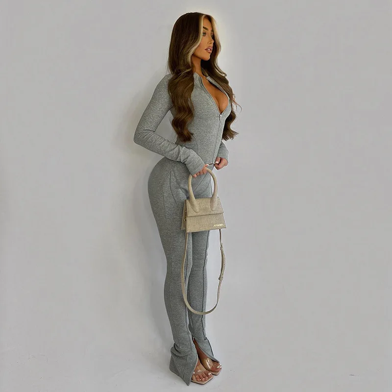 Autum New Two Piece Sets Long Sleeve Zipper Coat and Split Long Pants Women Tracksuit Casual Workout Sportswear Gray Sweatsuit