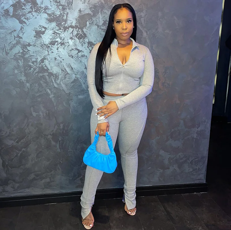 Autum New Two Piece Sets Long Sleeve Zipper Coat and Split Long Pants Women Tracksuit Casual Workout Sportswear Gray Sweatsuit