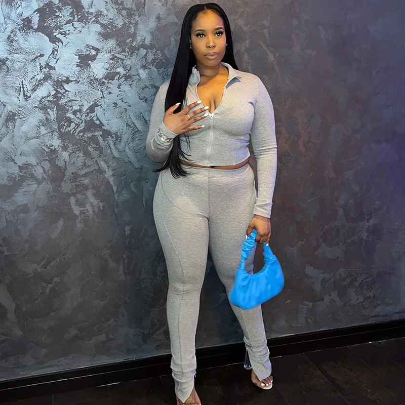 Autum New Two Piece Sets Long Sleeve Zipper Coat and Split Long Pants Women Tracksuit Casual Workout Sportswear Gray Sweatsuit