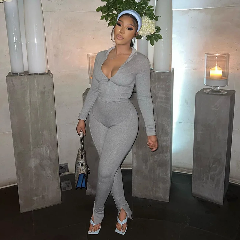 Autum New Two Piece Sets Long Sleeve Zipper Coat and Split Long Pants Women Tracksuit Casual Workout Sportswear Gray Sweatsuit