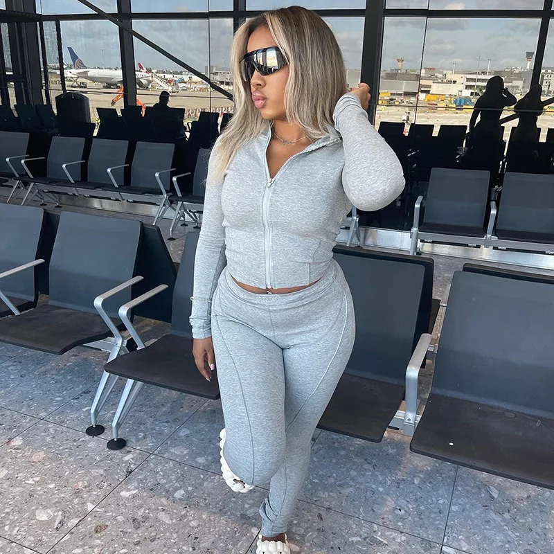 Autum New Two Piece Sets Long Sleeve Zipper Coat and Split Long Pants Women Tracksuit Casual Workout Sportswear Gray Sweatsuit