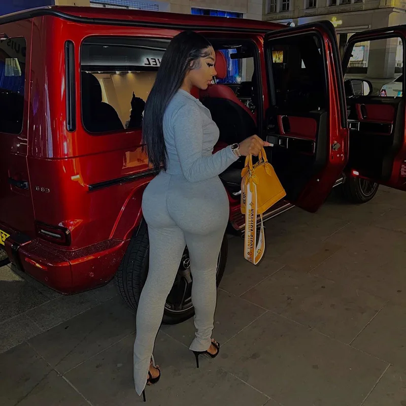 Autum New Two Piece Sets Long Sleeve Zipper Coat and Split Long Pants Women Tracksuit Casual Workout Sportswear Gray Sweatsuit