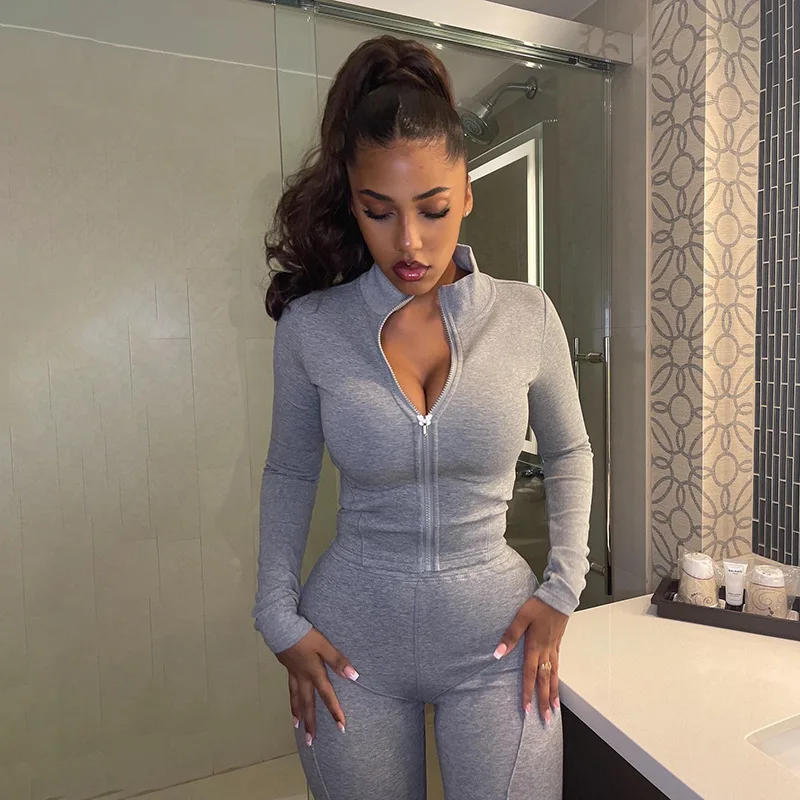 Autum New Two Piece Sets Long Sleeve Zipper Coat and Split Long Pants Women Tracksuit Casual Workout Sportswear Gray Sweatsuit