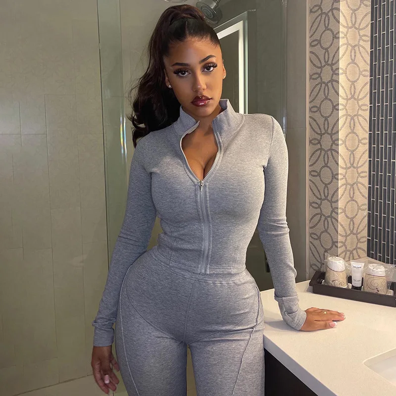 Autum New Two Piece Sets Long Sleeve Zipper Coat and Split Long Pants Women Tracksuit Casual Workout Sportswear Gray Sweatsuit