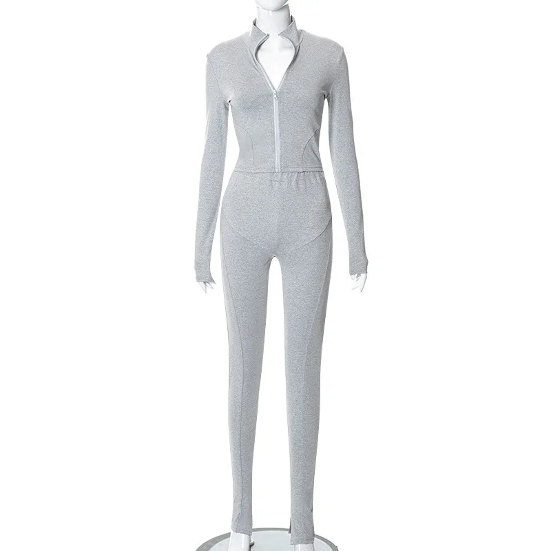 Autum New Two Piece Sets Long Sleeve Zipper Coat and Split Long Pants Women Tracksuit Casual Workout Sportswear Gray Sweatsuit