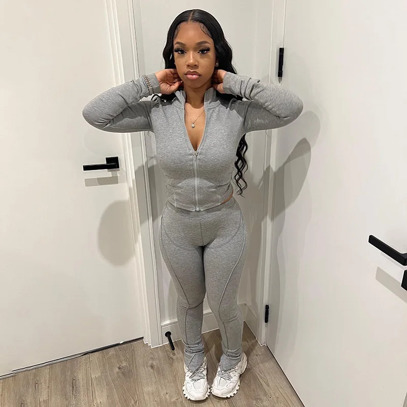 Autum New Two Piece Sets Long Sleeve Zipper Coat and Split Long Pants Women Tracksuit Casual Workout Sportswear Gray Sweatsuit
