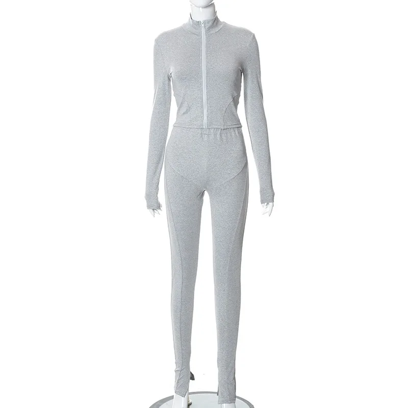 Autum New Two Piece Sets Long Sleeve Zipper Coat and Split Long Pants Women Tracksuit Casual Workout Sportswear Gray Sweatsuit