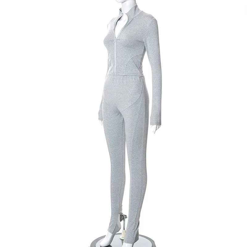 Autum New Two Piece Sets Long Sleeve Zipper Coat and Split Long Pants Women Tracksuit Casual Workout Sportswear Gray Sweatsuit