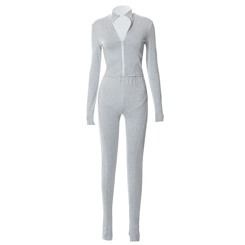 Autum New Two Piece Sets Long Sleeve Zipper Coat and Split Long Pants Women Tracksuit Casual Workout Sportswear Gray Sweatsuit