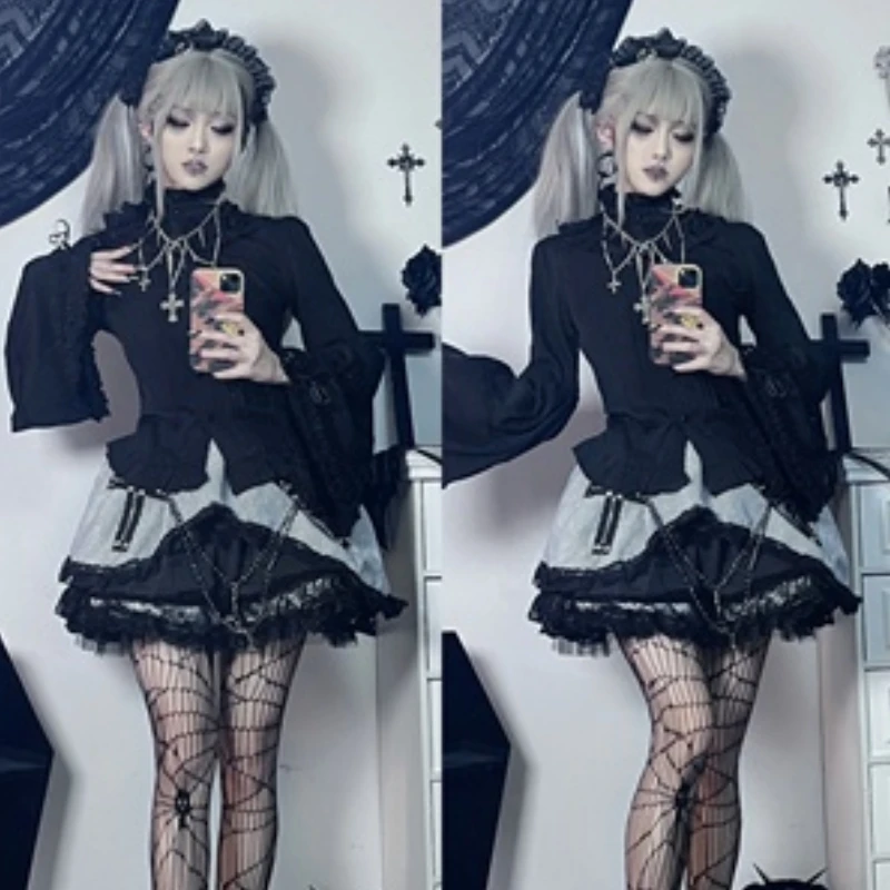 Victorian Gothic Lolita Blouses Women Sweet Elegant Lace Ruffles Turtleneck Slim Shirts Japanese Spring Autumn Long Sleeve Top
