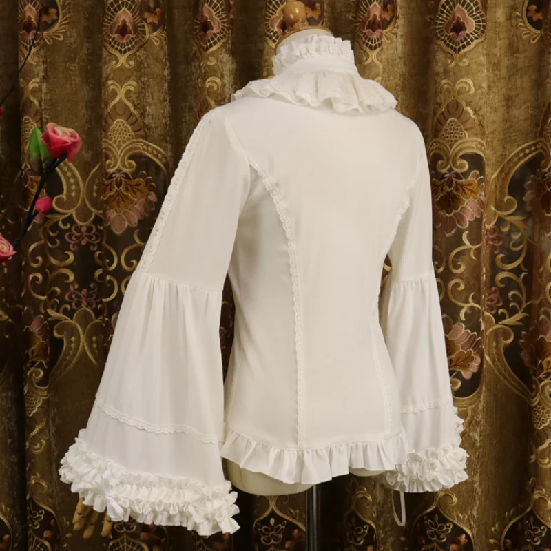 Victorian Gothic Lolita Blouses Women Sweet Elegant Lace Ruffles Turtleneck Slim Shirts Japanese Spring Autumn Long Sleeve Top