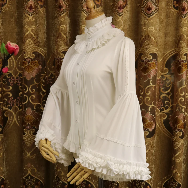 Victorian Gothic Lolita Blouses Women Sweet Elegant Lace Ruffles Turtleneck Slim Shirts Japanese Spring Autumn Long Sleeve Top
