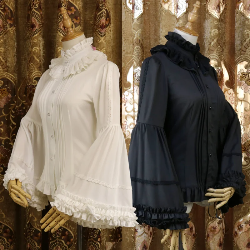 Victorian Gothic Lolita Blouses Women Sweet Elegant Lace Ruffles Turtleneck Slim Shirts Japanese Spring Autumn Long Sleeve Top