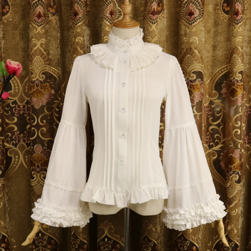 Victorian Gothic Lolita Blouses Women Sweet Elegant Lace Ruffles Turtleneck Slim Shirts Japanese Spring Autumn Long Sleeve Top