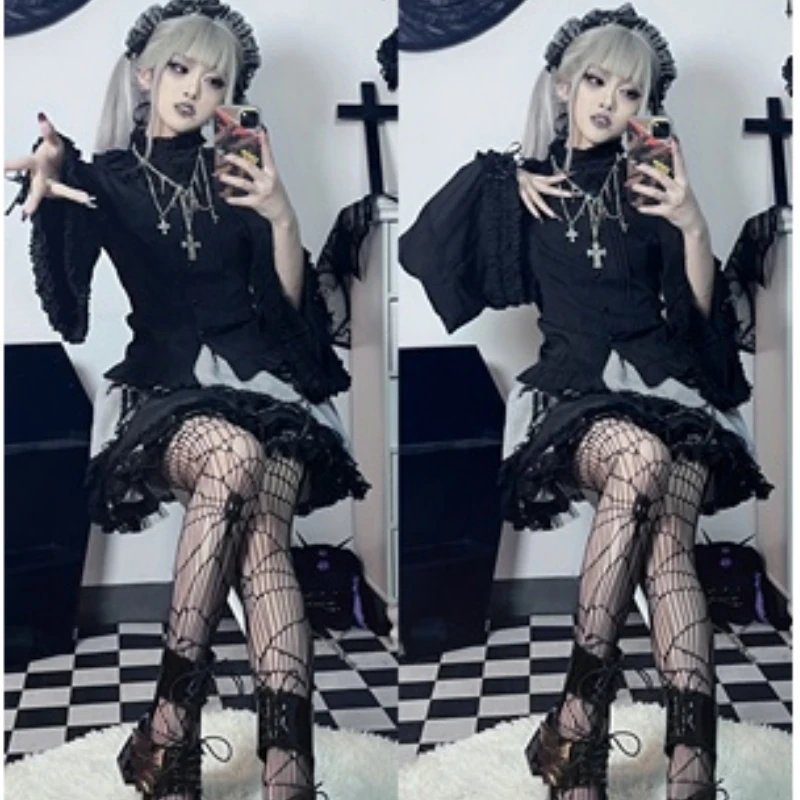 Victorian Gothic Lolita Blouses Women Sweet Elegant Lace Ruffles Turtleneck Slim Shirts Japanese Spring Autumn Long Sleeve Top