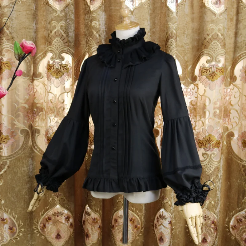 Victorian Gothic Lolita Blouses Women Sweet Elegant Lace Ruffles Turtleneck Slim Shirts Japanese Spring Autumn Long Sleeve Top