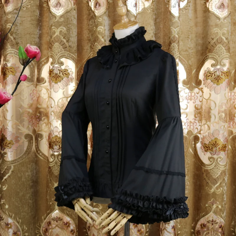 Victorian Gothic Lolita Blouses Women Sweet Elegant Lace Ruffles Turtleneck Slim Shirts Japanese Spring Autumn Long Sleeve Top