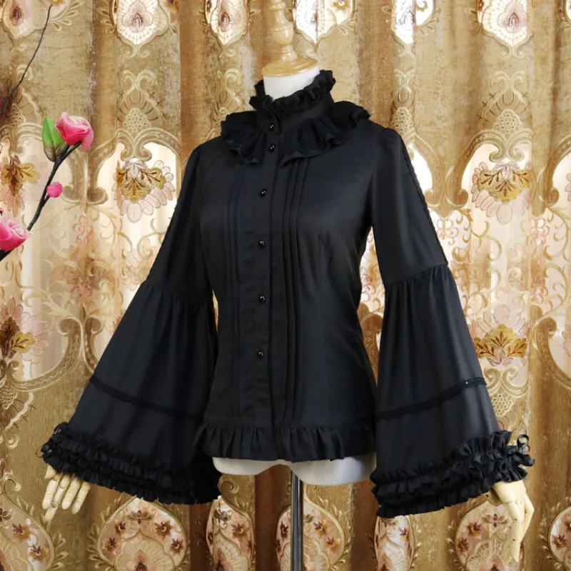 Victorian Gothic Lolita Blouses Women Sweet Elegant Lace Ruffles Turtleneck Slim Shirts Japanese Spring Autumn Long Sleeve Top
