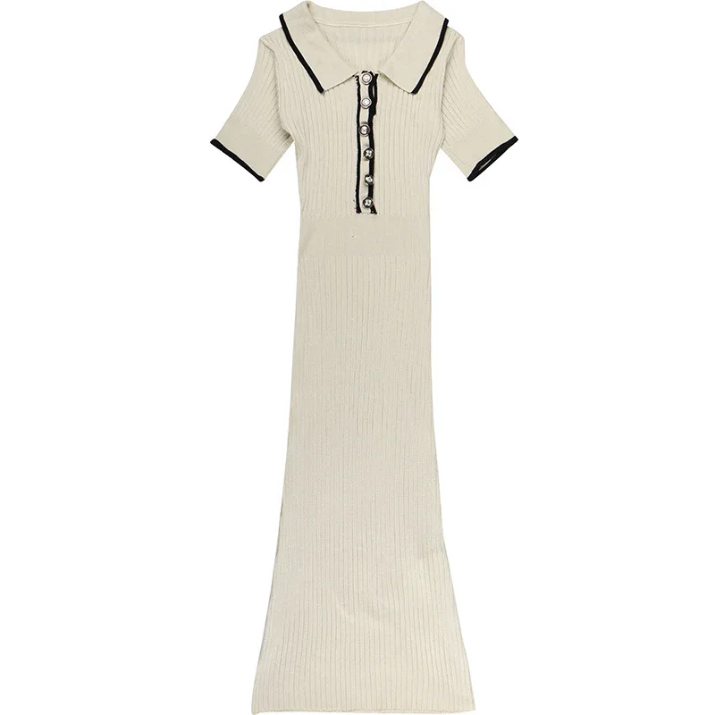 Women's White Knit Maxi Dress Elegant Short Sleeve Patchwork Bodycon Party Dress Casual Lapel High Waist Fashion Autumn Knitwear