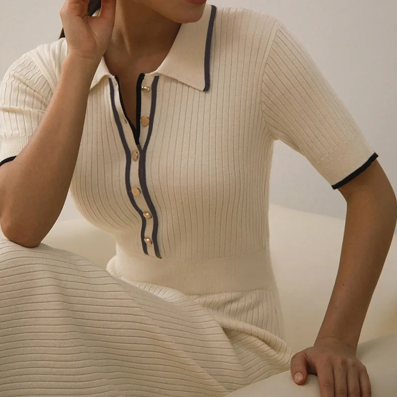 Women's White Knit Maxi Dress Elegant Short Sleeve Patchwork Bodycon Party Dress Casual Lapel High Waist Fashion Autumn Knitwear