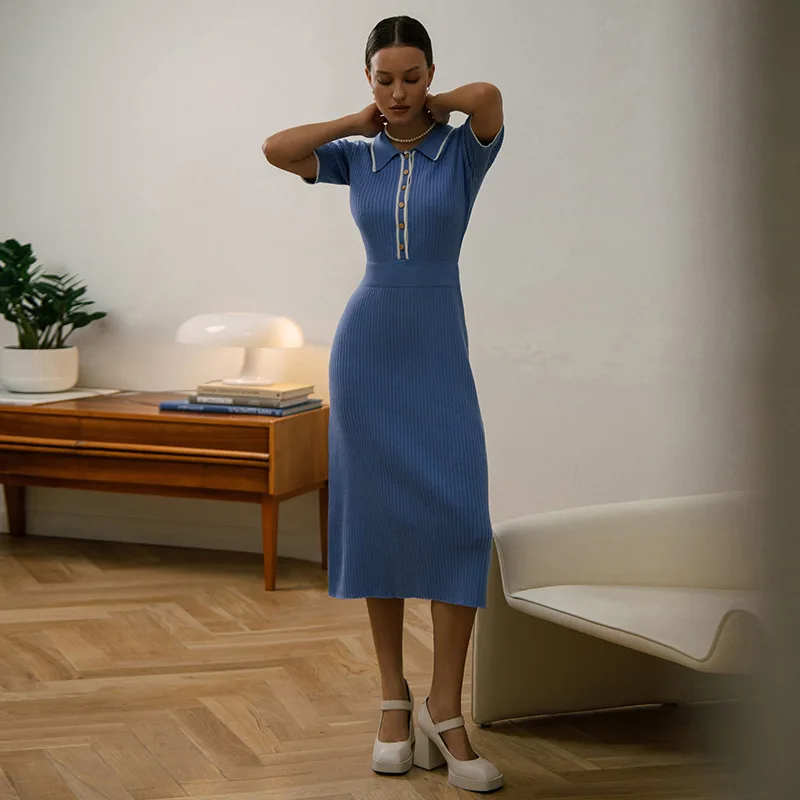 Women's White Knit Maxi Dress Elegant Short Sleeve Patchwork Bodycon Party Dress Casual Lapel High Waist Fashion Autumn Knitwear