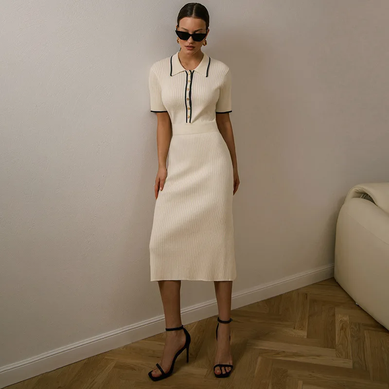 Women's White Knit Maxi Dress Elegant Short Sleeve Patchwork Bodycon Party Dress Casual Lapel High Waist Fashion Autumn Knitwear