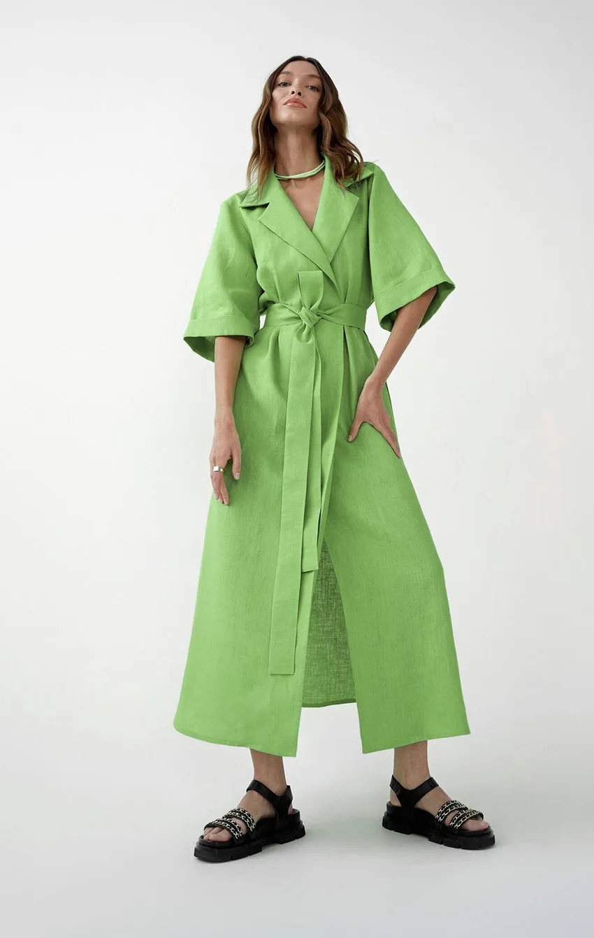 Cotton Linen Long Wrap Summer Dresses Woman Belt Lace Up Notched Office Women Dress A-Line Elegant Slit Dress Robe Femme