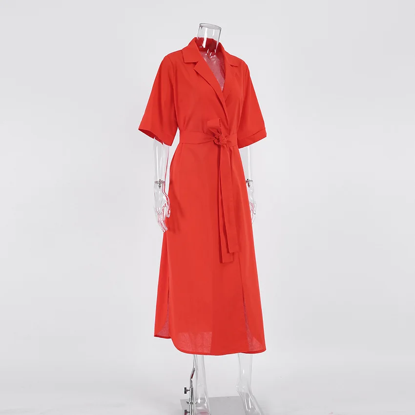 Cotton Linen Long Wrap Summer Dresses Woman Belt Lace Up Notched Office Women Dress A-Line Elegant Slit Dress Robe Femme