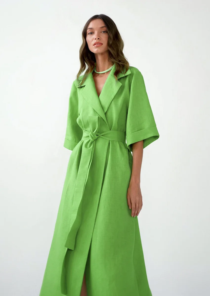 Cotton Linen Long Wrap Summer Dresses Woman Belt Lace Up Notched Office Women Dress A-Line Elegant Slit Dress Robe Femme
