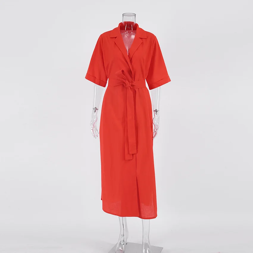 Cotton Linen Long Wrap Summer Dresses Woman Belt Lace Up Notched Office Women Dress A-Line Elegant Slit Dress Robe Femme