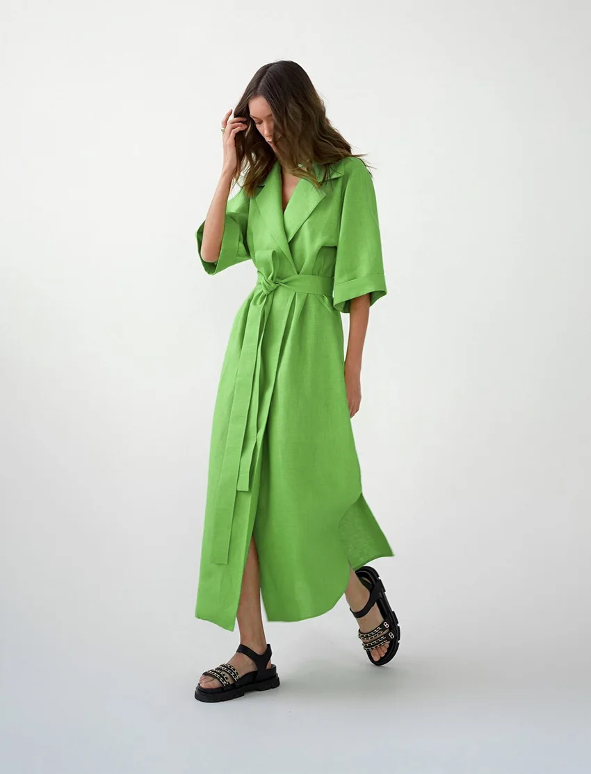 Cotton Linen Long Wrap Summer Dresses Woman Belt Lace Up Notched Office Women Dress A-Line Elegant Slit Dress Robe Femme