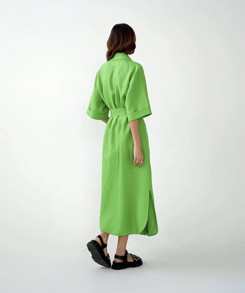 Cotton Linen Long Wrap Summer Dresses Woman Belt Lace Up Notched Office Women Dress A-Line Elegant Slit Dress Robe Femme