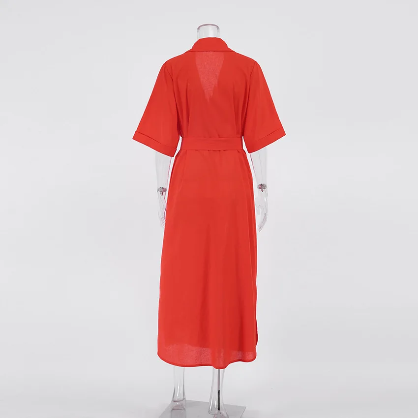Cotton Linen Long Wrap Summer Dresses Woman Belt Lace Up Notched Office Women Dress A-Line Elegant Slit Dress Robe Femme