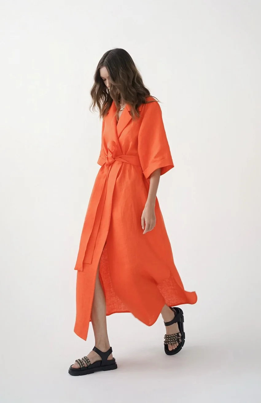 Cotton Linen Long Wrap Summer Dresses Woman Belt Lace Up Notched Office Women Dress A-Line Elegant Slit Dress Robe Femme